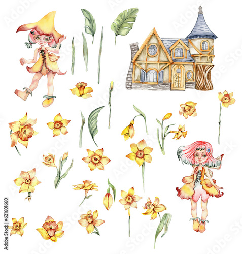 Narcissus, watercolor flower set with fary girl. Hand drawn illustration. Summer yellow garden. Designf for baby shower party, birthday, cake, holiday celebration design, greetings card, invitation. photo