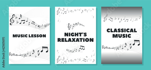 Banners with Musical Note Waves And Treble Clef Signs On Stave. Monochrome Melody Swirl For Music Lesson  Jazz Club