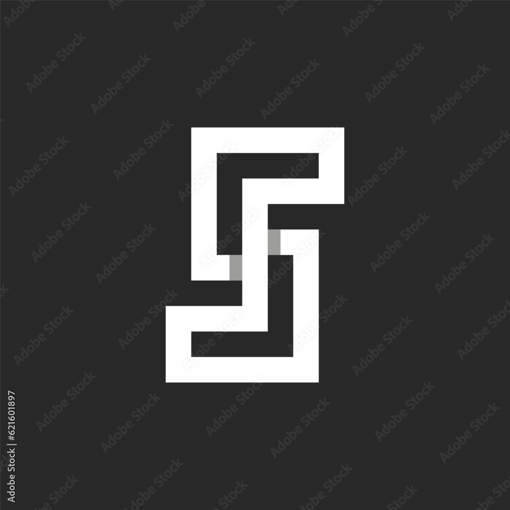 Monogram letter S logo from intertwined lines under a straight angle typography mark logotype, creative weaving white stripes or ribbons shape. Monogram letter S logo from intertwined lines under a straight angle typography mark logotype, creative weaving white stripes or ribbons shape.