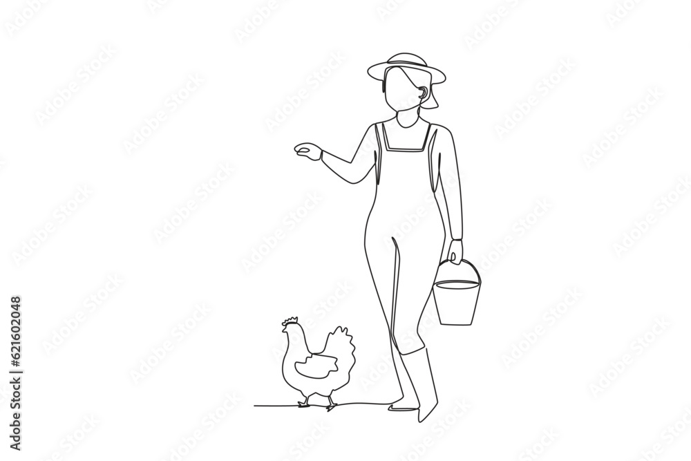 A woman carrying chicken food. Farmer and cattle one-line drawing A woman carrying chicken food. Farmer and cattle one-line drawing