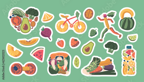 Set Of Stickers Fruits And Vegetables In Shape Of Shoe, Heart, Bicycle, Sportsman, Dumbbell, Scales And Water Bottle