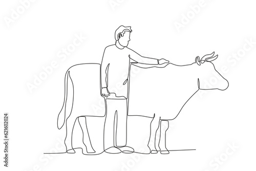 A man holding a cow. Farmer and cattle one-line drawing