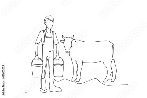 A man holding a cow. Farmer and cattle one-line drawing