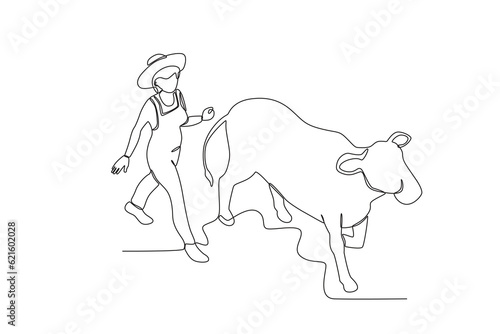 A shepherd herds a cow. Farmer and cattle one-line drawing