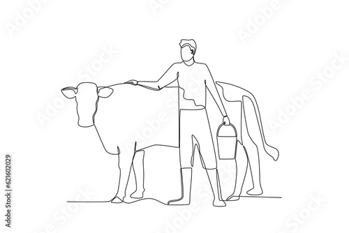 A man squeezes milk. Farmer and cattle one-line drawing