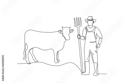 A man finishes cleaning the cowshed. Farmer and cattle one-line drawing