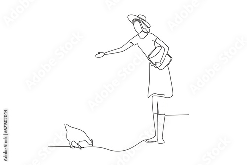 A beautiful woman feeds chickens. Farmer and cattle one-line drawing