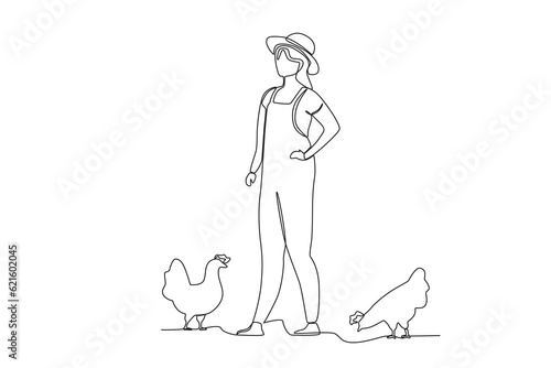 A farmer with his two chickens. Farmer and cattle one-line drawing