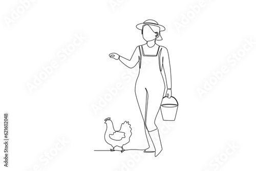 A woman carrying chicken food. Farmer and cattle one-line drawing
