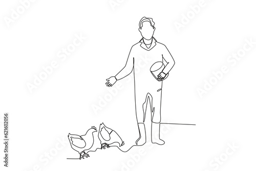 A man feeds cattle. Farmer and cattle one-line drawing