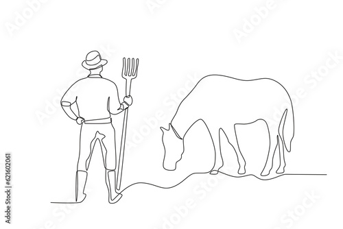 Back view of a farmer with his cow. Farmer and cattle one-line drawing