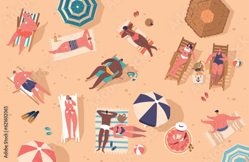 Crowds On A Beach Seen From A Top View. Sunbather Characters, Umbrellas, Colorful Towels, And Mats, Flippers