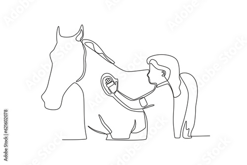 A woman cleans her horse. Farmer and cattle one-line drawing