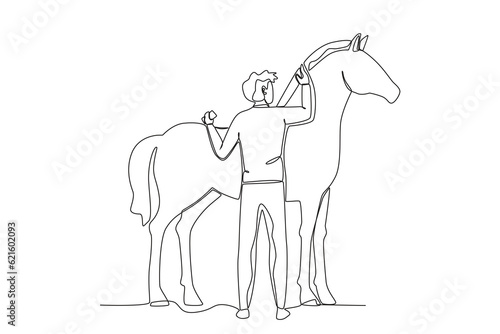 A woman slaughters her horse. Farmer and cattle one-line drawing