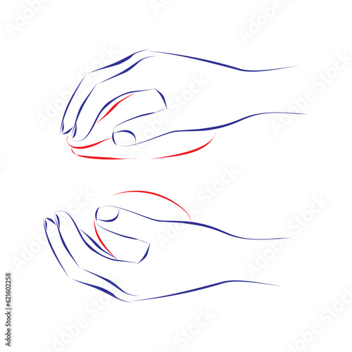Continuous line drawing of hands holding a mouse or an egg, showing the correct position for the piano keys, isolated on white. Hand drawn, vector illustration