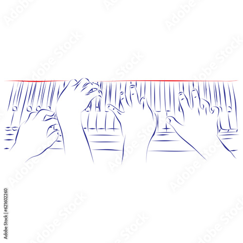 Continuous line drawing of four hands playing the piano, isolated on white. Hand drawn, vector illustration