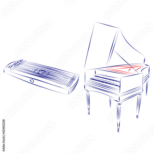 Continuous line drawing of a monochord and a harpsichord, isolated on white. Hand drawn, vector illustration