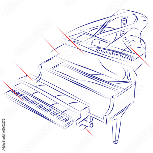 Continuous line drawing of a deconstructed piano with indicators for component parts, isolated on white. Hand drawn, vector illustration photo