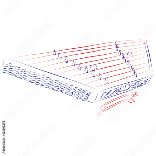 Continuous line drawing of a dulcimer cymbal early music instrument, isolated on white. Hand drawn, vector illustration photo