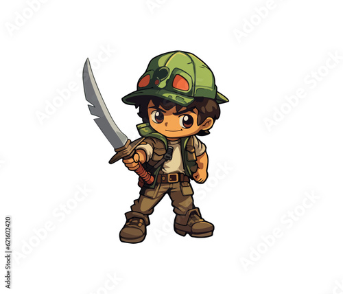 Vector illustration of a cartoon boy in camouflage and with a saber in his hand