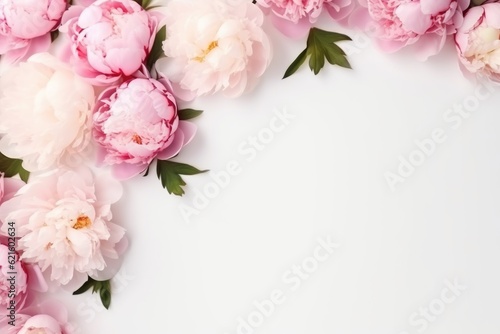 Frame with pink peonies on clear white background. Greeting card template for wedding, mothers or womans day. Springtime composition with copy space. Flat lay style © ratatosk