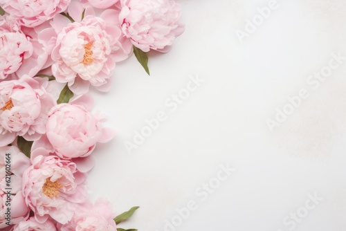 Frame with pink peonies on clear white background. Greeting card template for wedding, mothers or womans day. Springtime composition with copy space. Flat lay style
