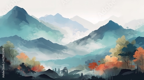 Chinese landscape map, distant mountains, clear rivers, birds, clouds and fog. Generative Ai