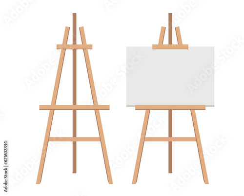 Realistic paint desk with blank white canvas. Wooden easel and a sheet of drawing paper. Vector illustration.