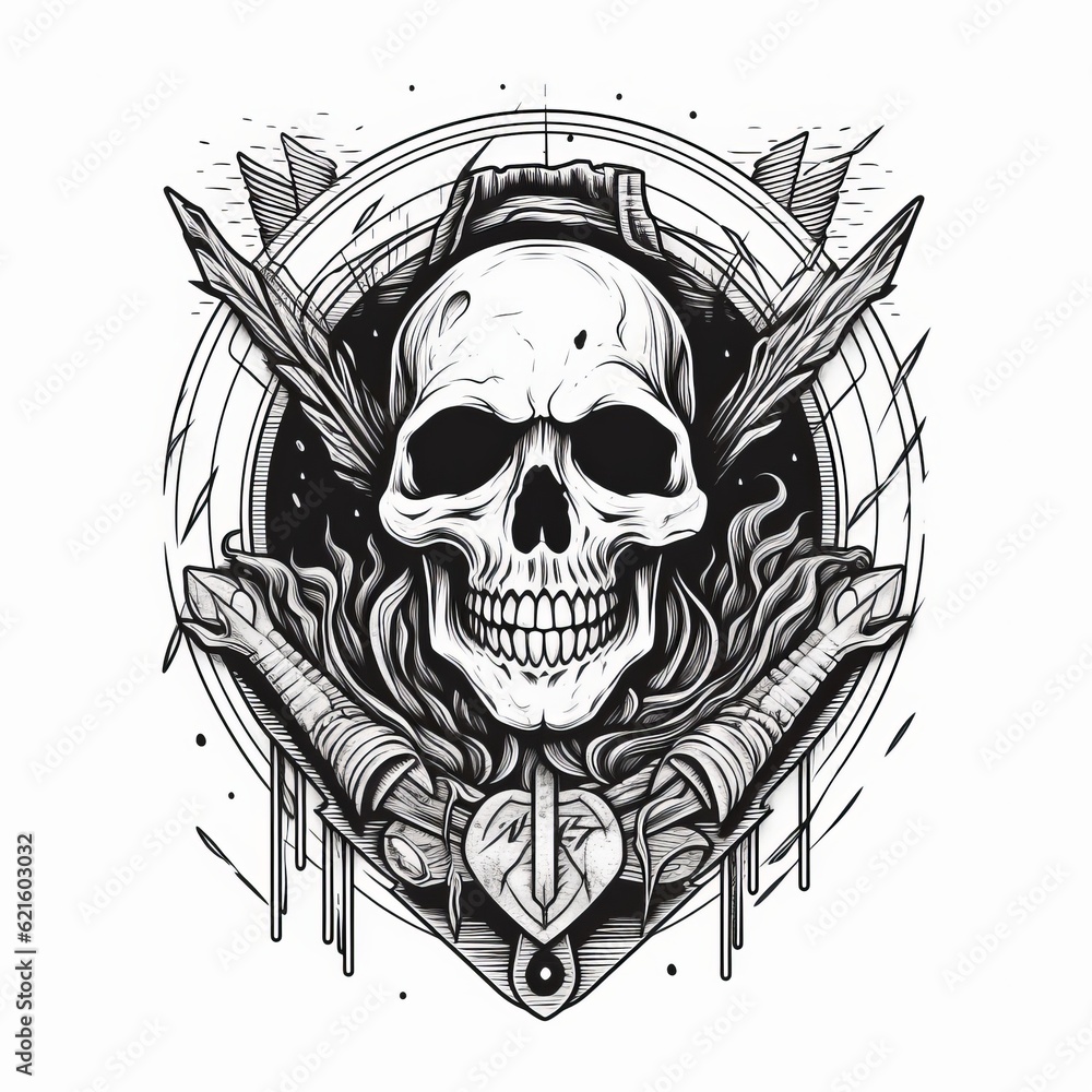 Obraz premium Gothic skull logo. Grunge vintage monochrome illustration. Generative AI.