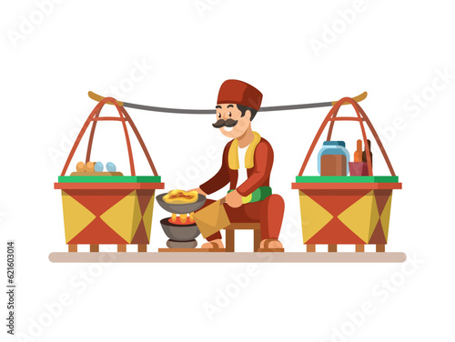 Man Selling Kerak Telor Traditional Street Food From  Jakarta, Indonesia Cartoon illustration Vector