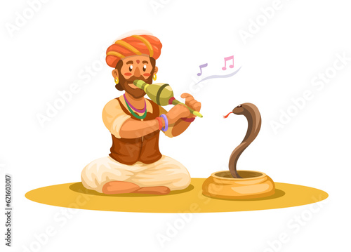 Indian Serpent Charmer Traditional Art Perform Character Cartoon illustration Vector