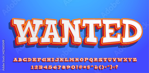 Wild West vector font of Western alphabet letters, numbers type. Texas gangster wanted poster on wooden background with vintage typefaceand sheriff revolver gun
