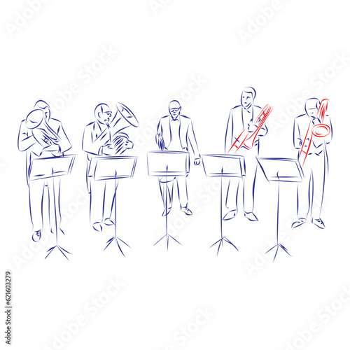 Continuous line drawing of musicians playing the trombones and horns in a brass band, isolated on white. Hand drawn, vector illustration