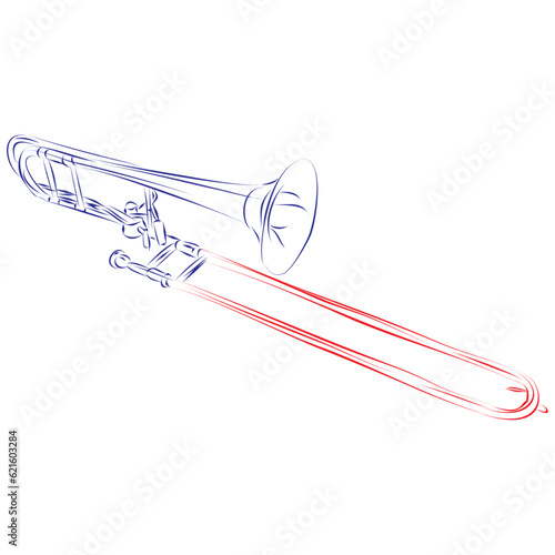 Continuous line drawing of a trombone, isolated on white. Hand drawn, vector illustration