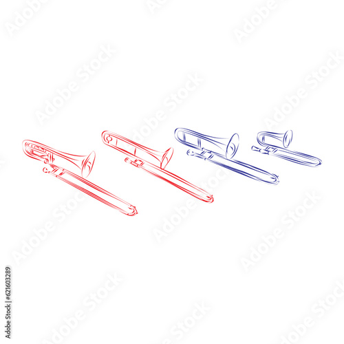Continuous line drawing of different types of trombones, isolated on white. Hand drawn, vector illustration