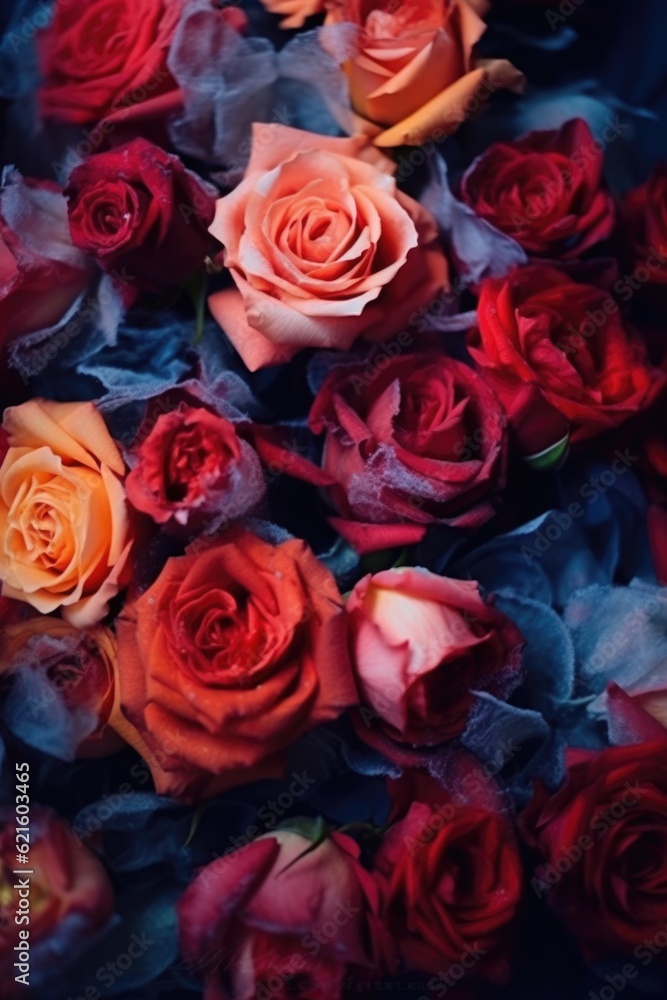Roses in the ice. Petals of beautiful flowers covered with frost. Vintage winter background, macro image. Christmas artistic image Roses in the ice. Petals of beautiful flowers covered with frost. Vintage winter background, macro image. Christmas artistic image