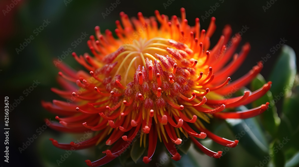 Pincushion flower, Protea, Leucospermum, close up. Generative Ai Pincushion flower, Protea, Leucospermum, close up. Generative Ai