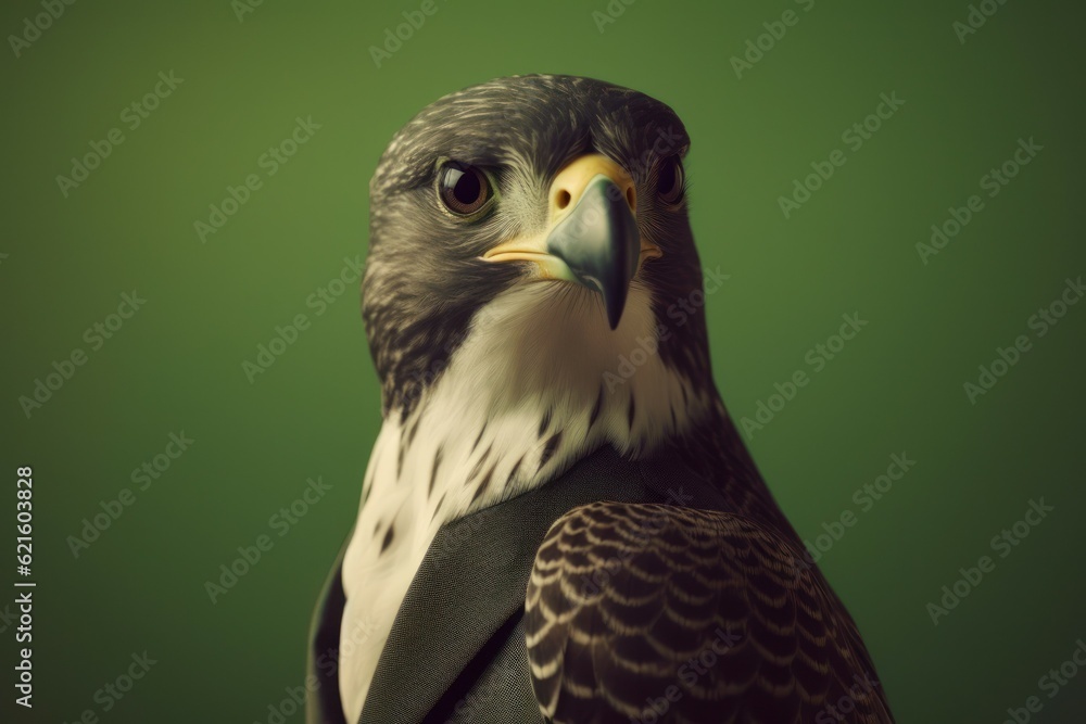 Anthropomorphic falcon dressed in a suit like a businessman. Business Concept. AI generated, human enhanced. Anthropomorphic falcon dressed in a suit like a businessman. Business Concept. AI generated, human enhanced.