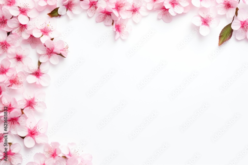 Frame with pink flowers on clear white background. Greeting card template for wedding, mothers or womans day. Springtime composition with copy space. Flat lay style