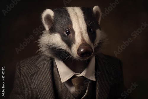 Anthropomorphic badger dressed in a suit like a businessman. business concept. AI generated, human enhanced