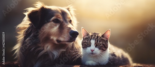 A cat and a dog together. The concept of friendship between different species. Generative AI