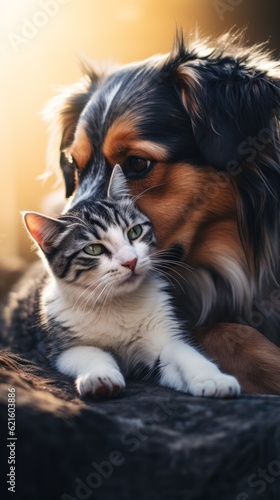 A cat and a dog together. The concept of friendship between different species. Generative AI