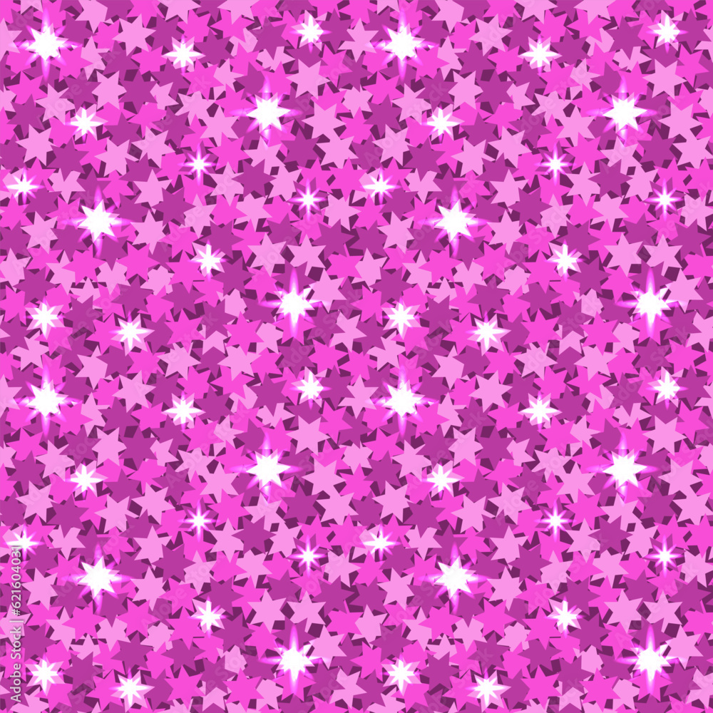 Obraz premium Seamless pink glitter pattern with starlight. Sparkle confetti background for little girl's princess birthday, Christmas or New Year's celebration. Sequin pattern, barbiecore, bright glitzy texture