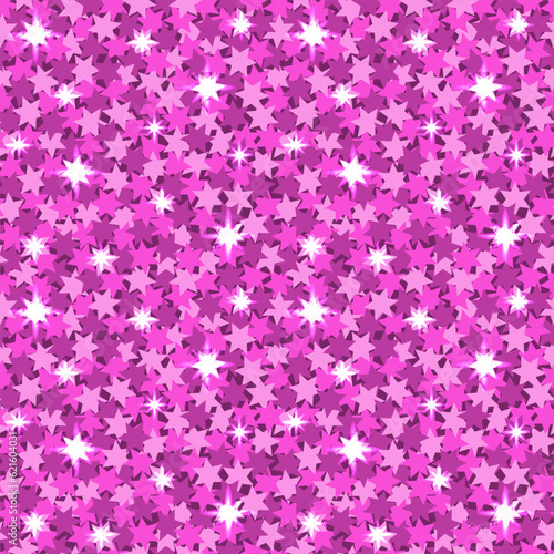 Seamless pink glitter pattern with starlight. Sparkle confetti background for little girl's princess birthday, Christmas or New Year's celebration. Sequin pattern, barbiecore, bright glitzy texture