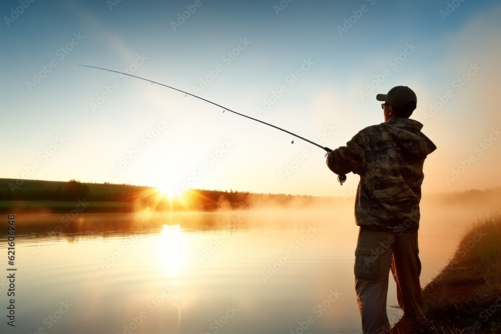 A man is a fisherman on a fishing trip. Background with selective focus and copy space