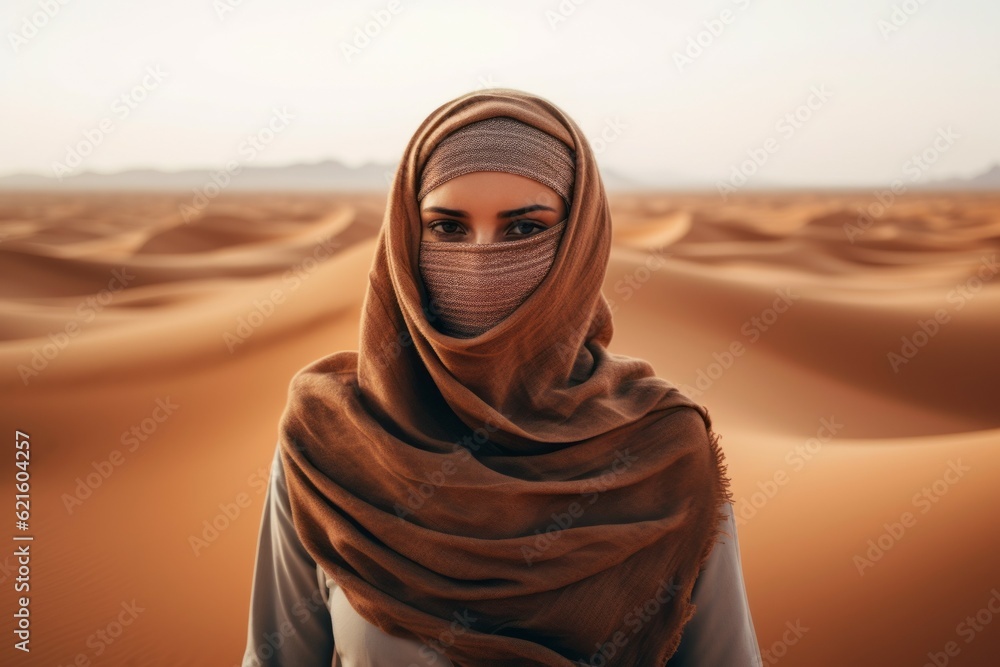 Woman in the desert. Background with selective focus and copy space. AI generated, human enhanced Woman in the desert. Background with selective focus and copy space. AI generated, human enhanced