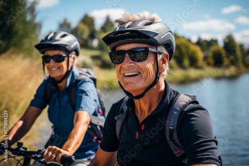 A couple of elderly active people ride bicycles. Portrait with selective focus and copy space