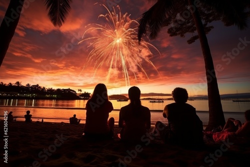 Fireworks on the sea coast with silhouettes of people. Background with selective focus and copy space