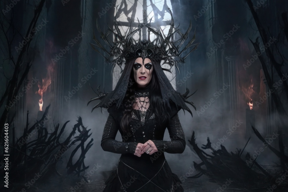 Beautiful gothic woman in black dress and crown of thorns. Generative AI. Beautiful gothic woman in black dress and crown of thorns. Generative AI.