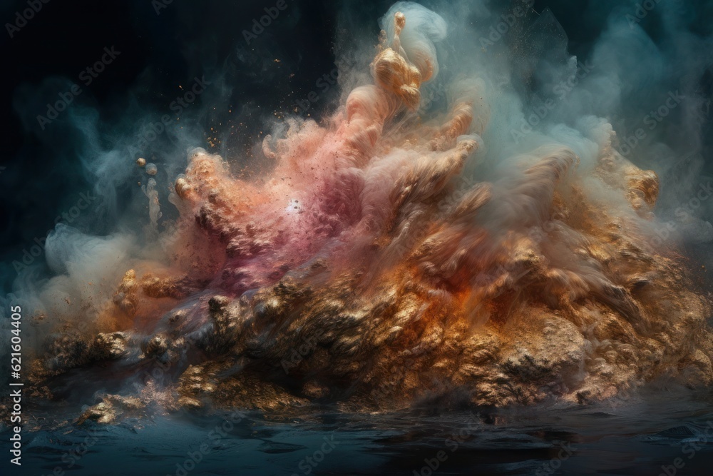 3D illustration of an abstract background with an explosion of colored smoke. Generative AI.